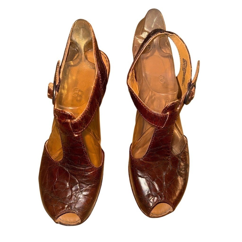 Born Crown Womens Brown T-Strap Peep Toe Slingback Platform Block Heels size 8